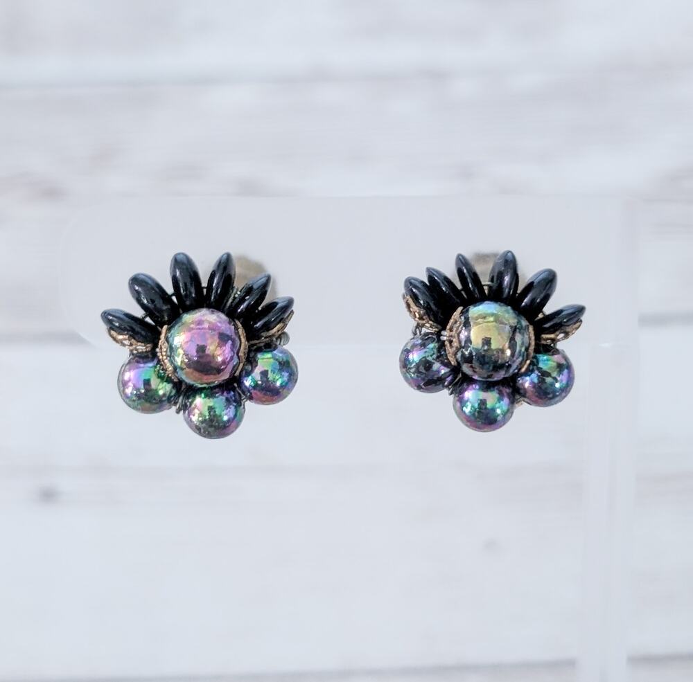 Vintage Clip On Earrings Unusual Dark Iridescent Statement 5/8"